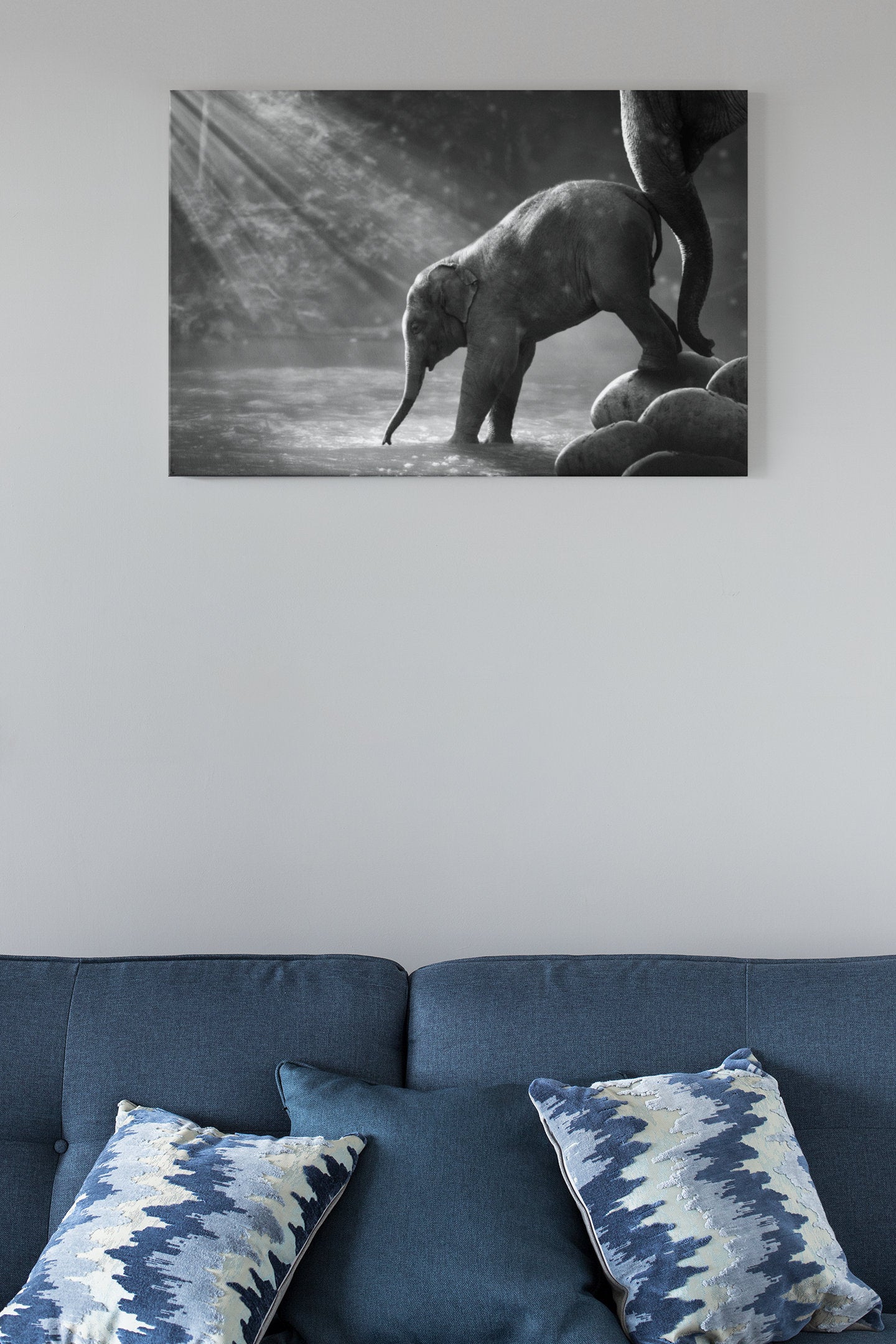 Black And White Elephant By The Waterfall High Gloss Acrylic Glass Wall Art Ready To Hang