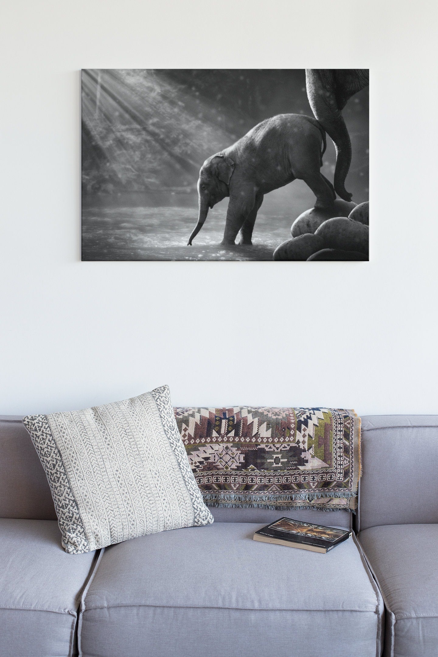 Black And White Elephant By The Waterfall High Gloss Acrylic Glass Wall Art Ready To Hang