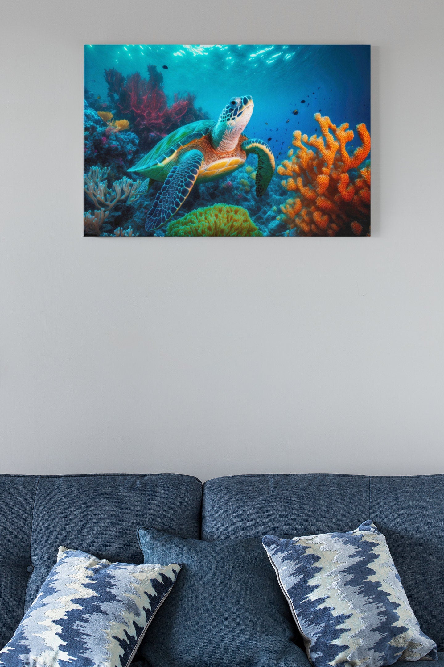 Large Sea Turtle Swimming In Sea On Maldives Tropical Island High Gloss Acrylic Glass Wall Art Ready To Hang