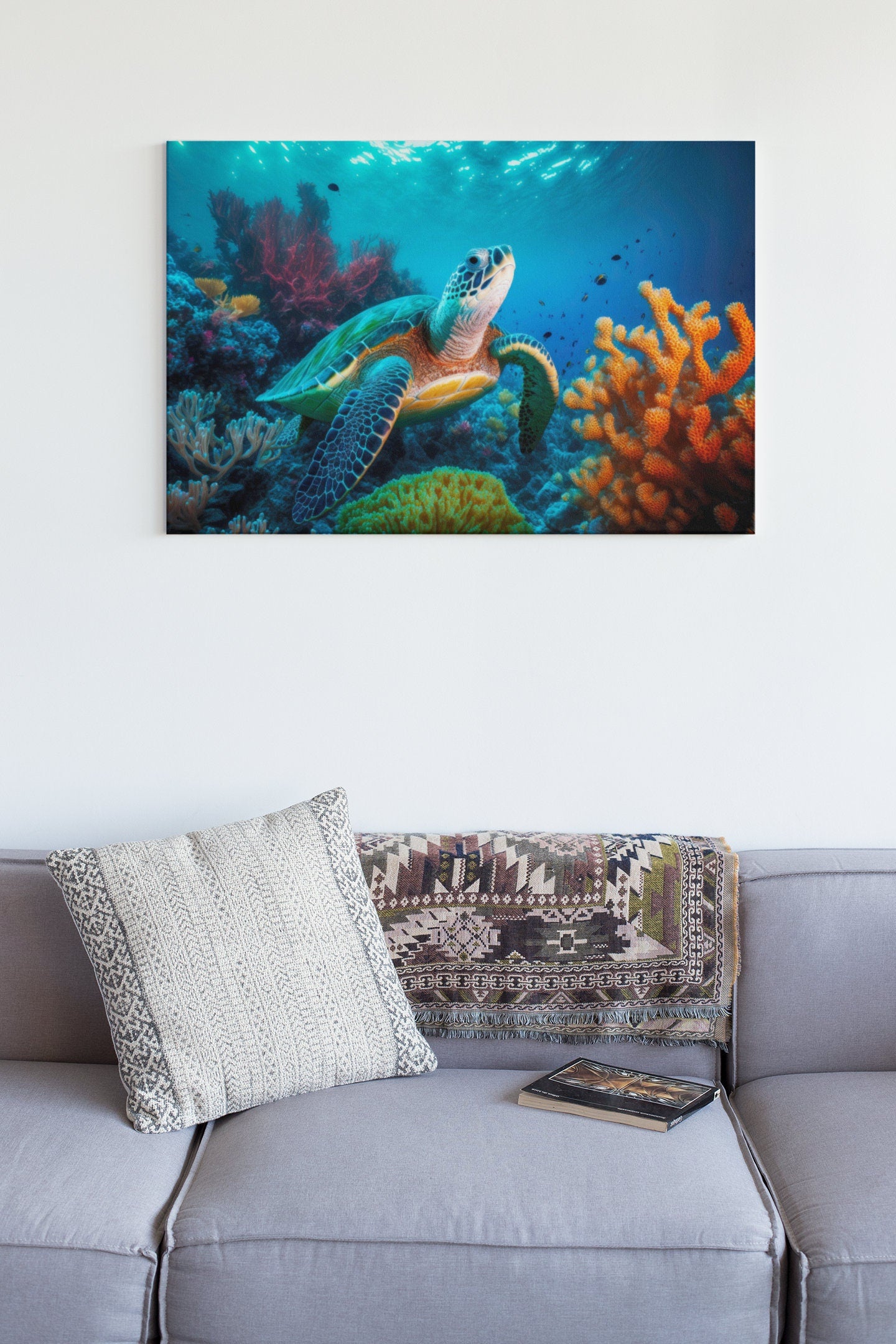 Large Sea Turtle Swimming In Sea On Maldives Tropical Island High Gloss Acrylic Glass Wall Art Ready To Hang