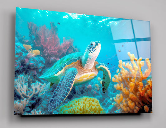 Large Sea Turtle Swimming In Sea On Maldives Tropical Island High Gloss Acrylic Glass Wall Art Ready To Hang