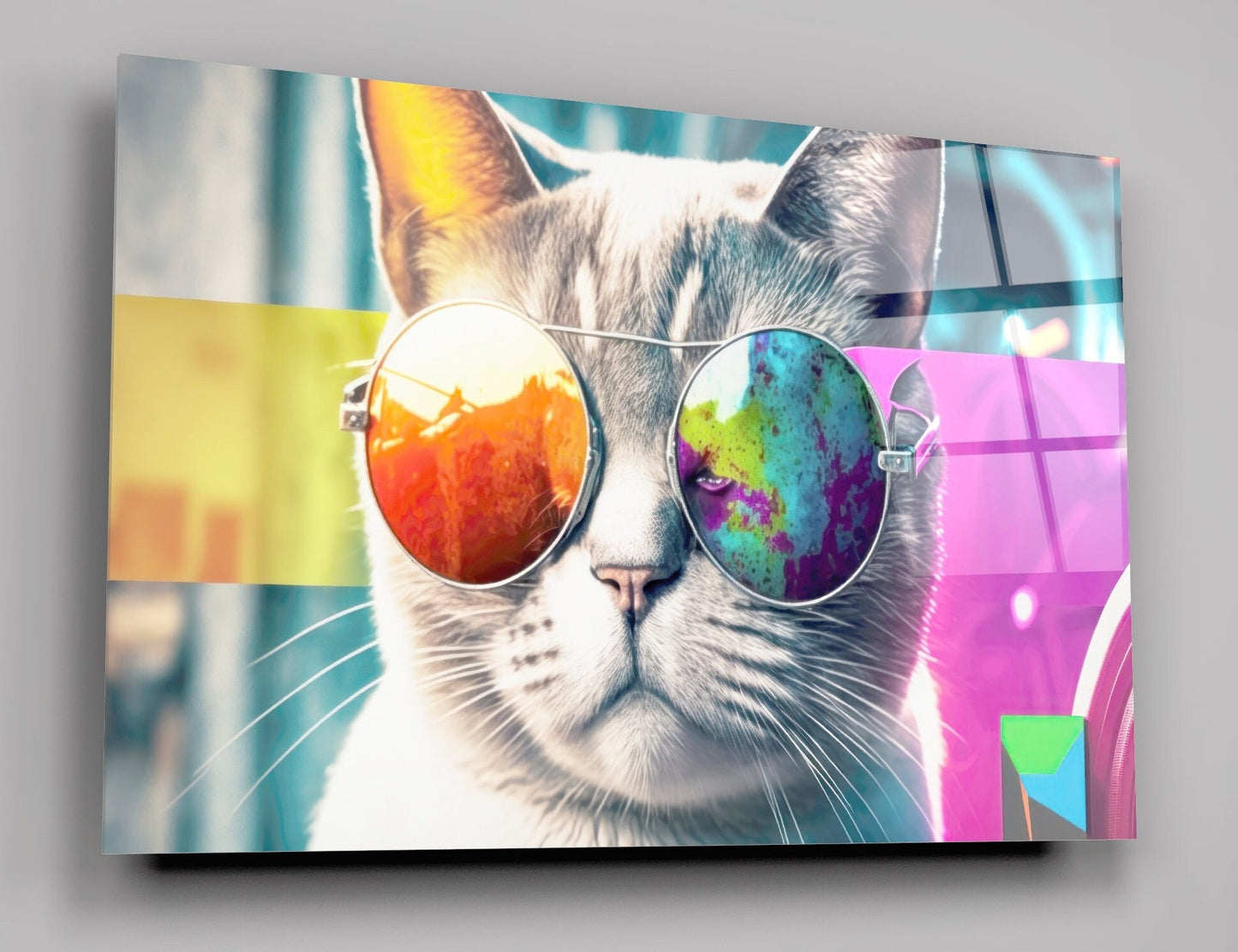 Cat Multicolored Glasses High Gloss Acrylic Glass Wall Art Ready To Hang