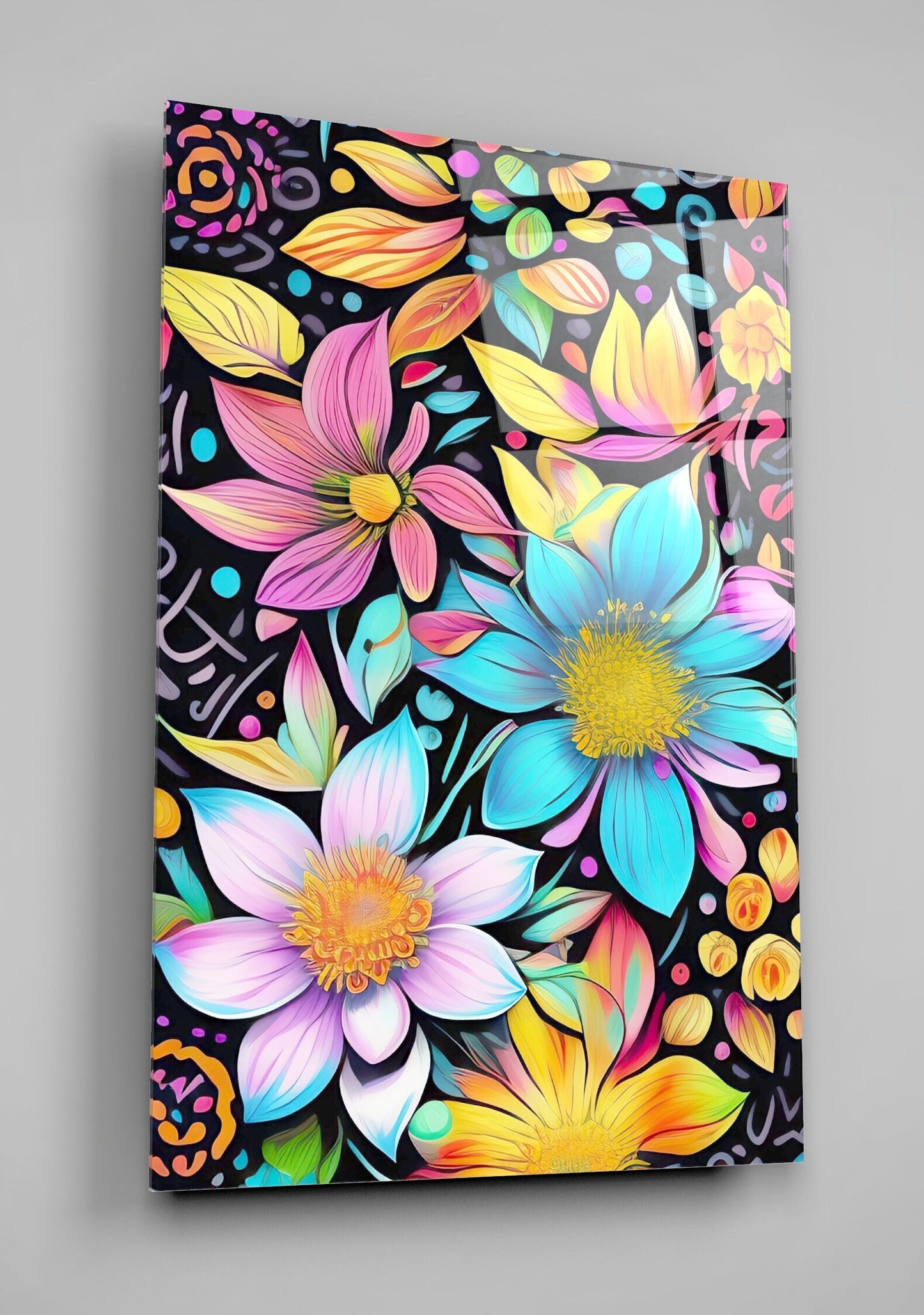 Colorful Floral Painting With A Colorful Flower Pattern High Gloss Acrylic Glass Wall Art Ready To Hang