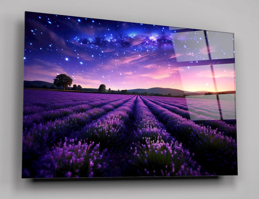 Lavender Field With A Beautiful Sky Landscape Glass Wall Art