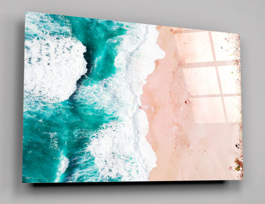 Aerial Drone View of California Beach Ocean Waves on Sand Glass Wall Art 