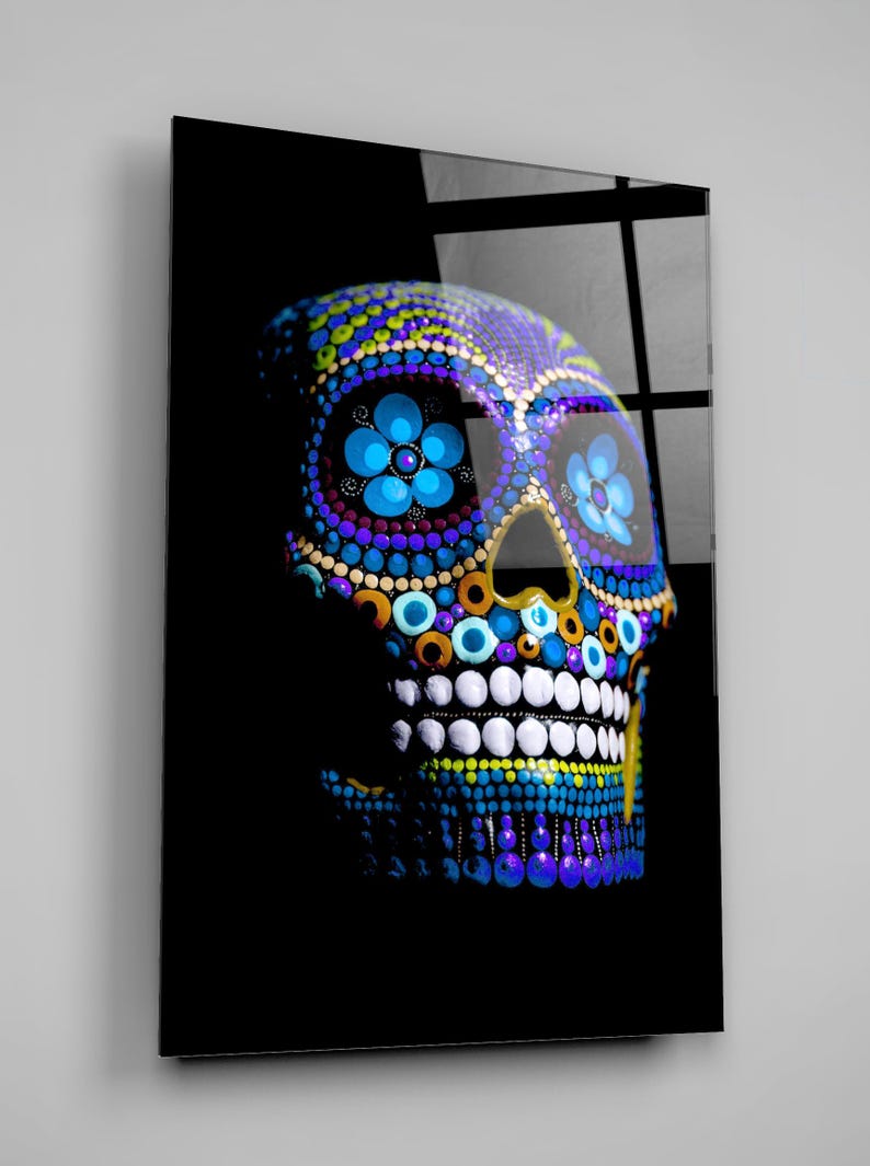 Blue Mexican Skull Calavera Glass Wall Art