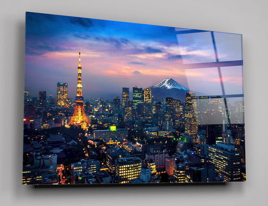 Tokyo Cityscape With Fuji Mountain Glass Wall Art