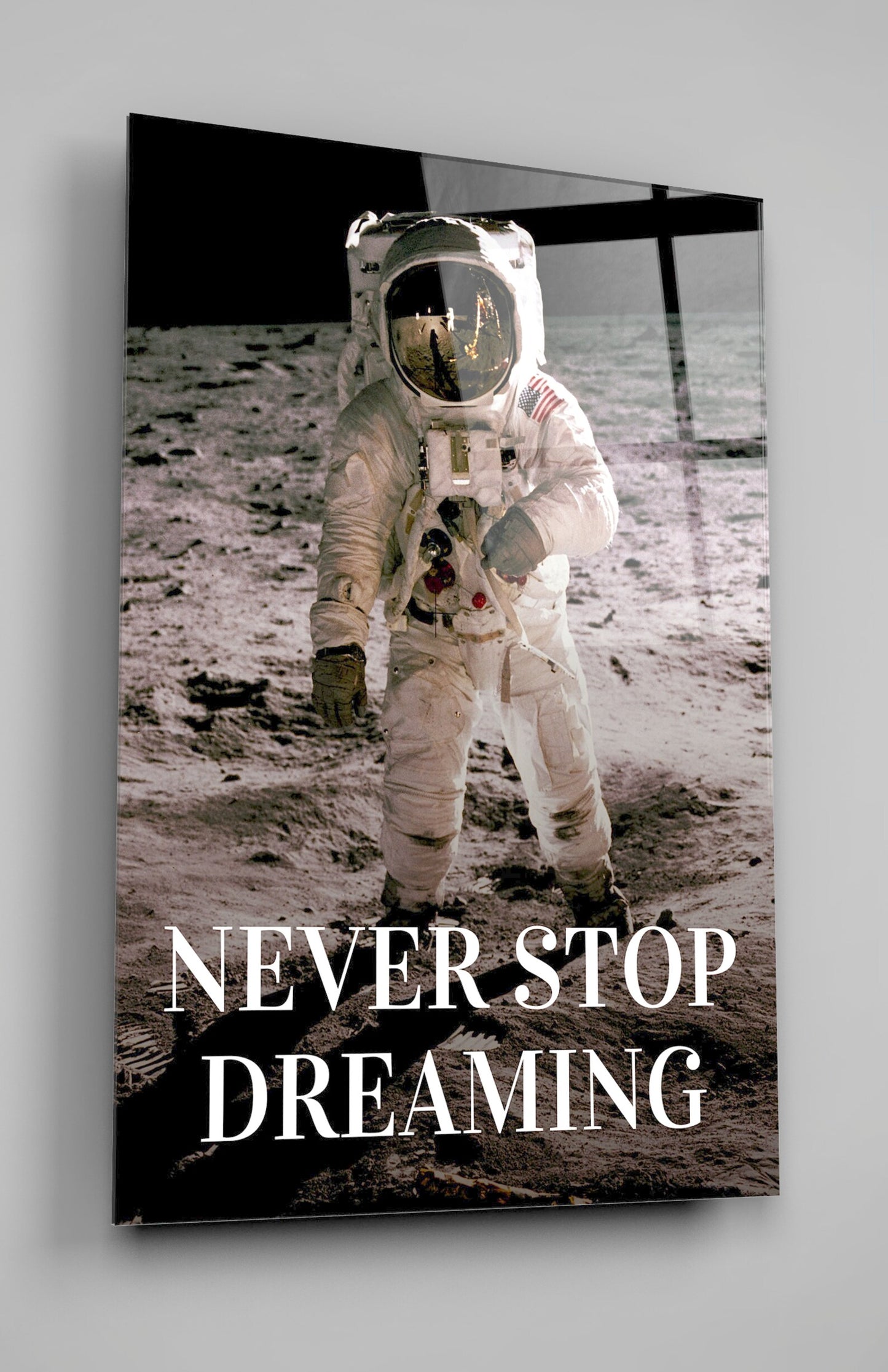 Buzz Aldrin On The Moon 'NEVER GIVE UP' Quote Space Acrylic Glass Wall Art Print