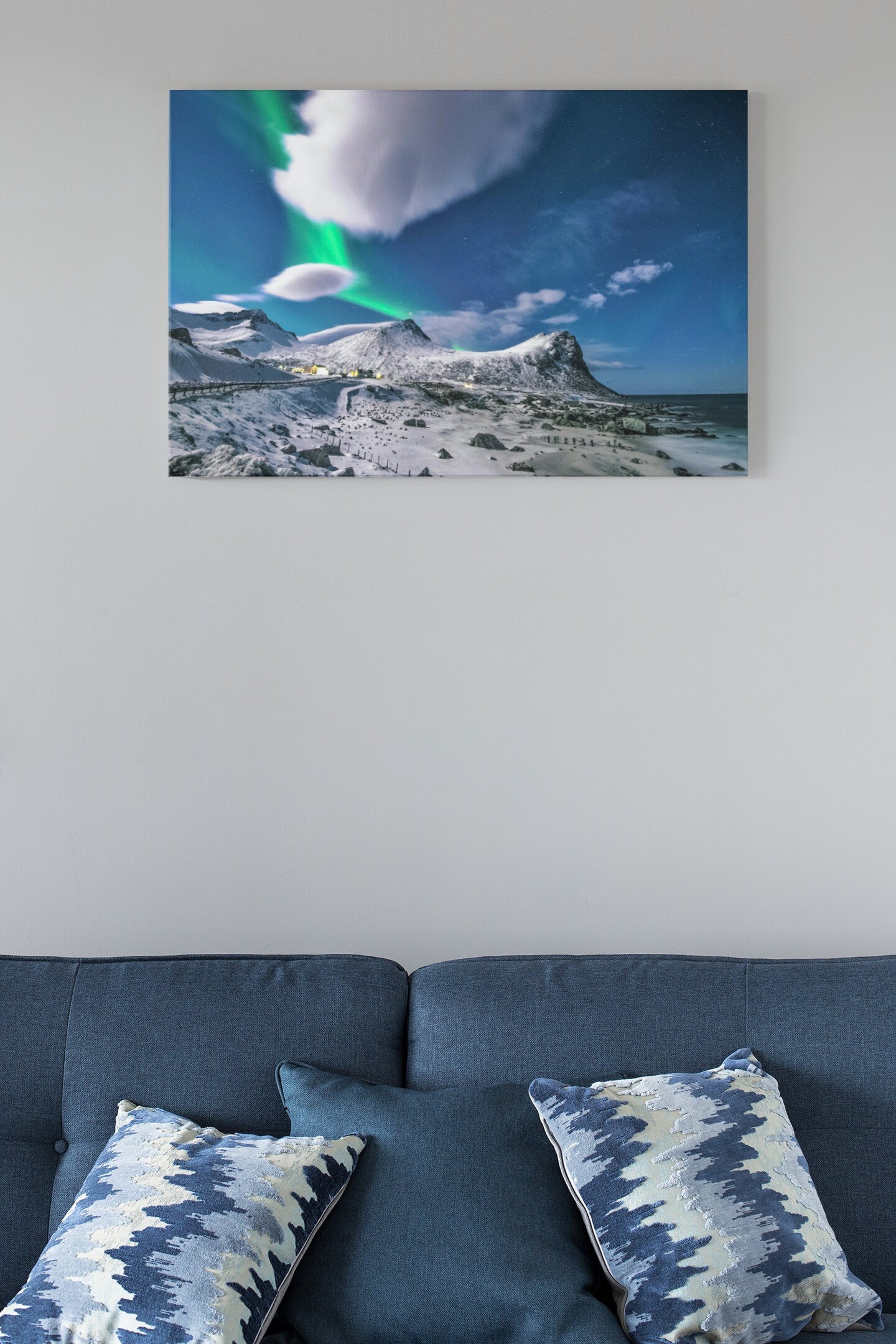 Scenic View Of Snow Capped Mountains During Night Myrland, Nordland, Norway High Gloss Acrylic Wall Art Ready To Hang