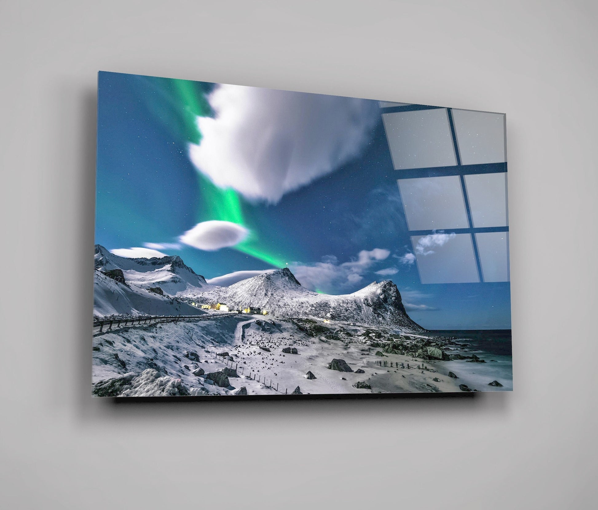 Scenic View Of Snow Capped Mountains During Night Myrland, Nordland, Norway High Gloss Acrylic Wall Art Ready To Hang