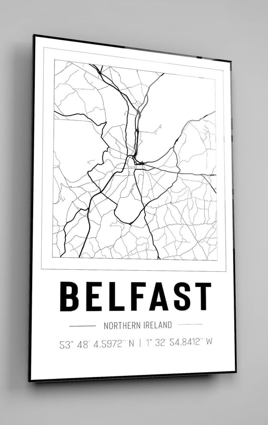 Belfast Northern Ireland City Map With Co Ordinates High Gloss Acrylic Glass Wall Art Ready To Hang