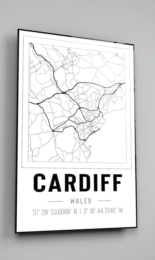 Cardiff Wales City Map With Co Ordinates High Gloss Acrylic Glass Wall Art Ready To Hang