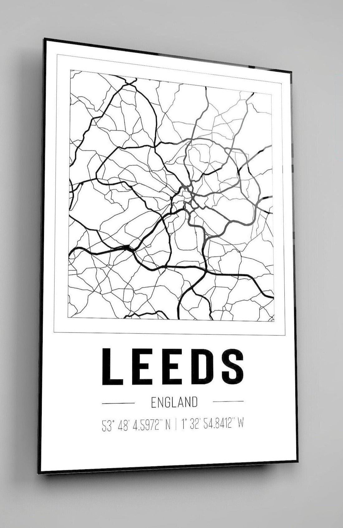 Leeds England City Map With Co Ordinates High Gloss Acrylic Glass Wall Art Ready To Hang