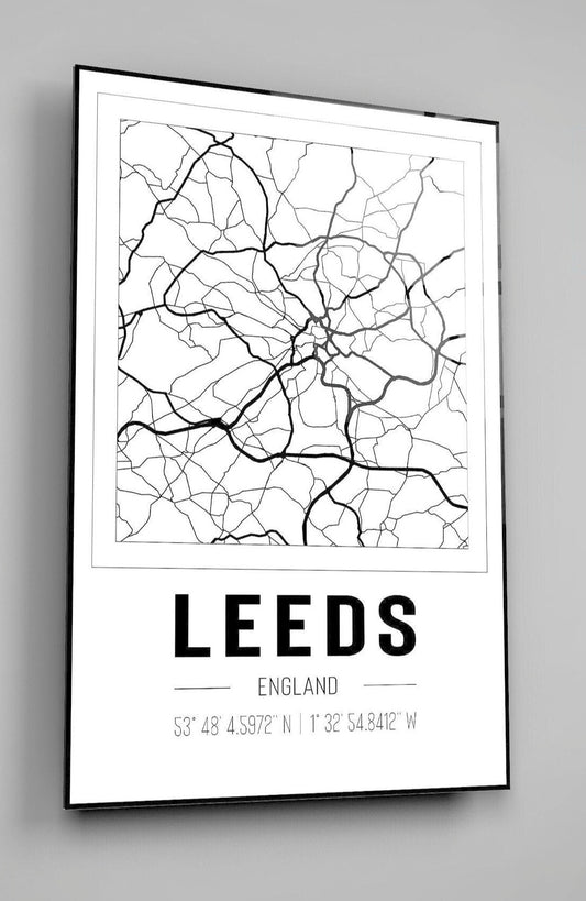 Leeds England City Map With Co Ordinates High Gloss Acrylic Glass Wall Art Ready To Hang