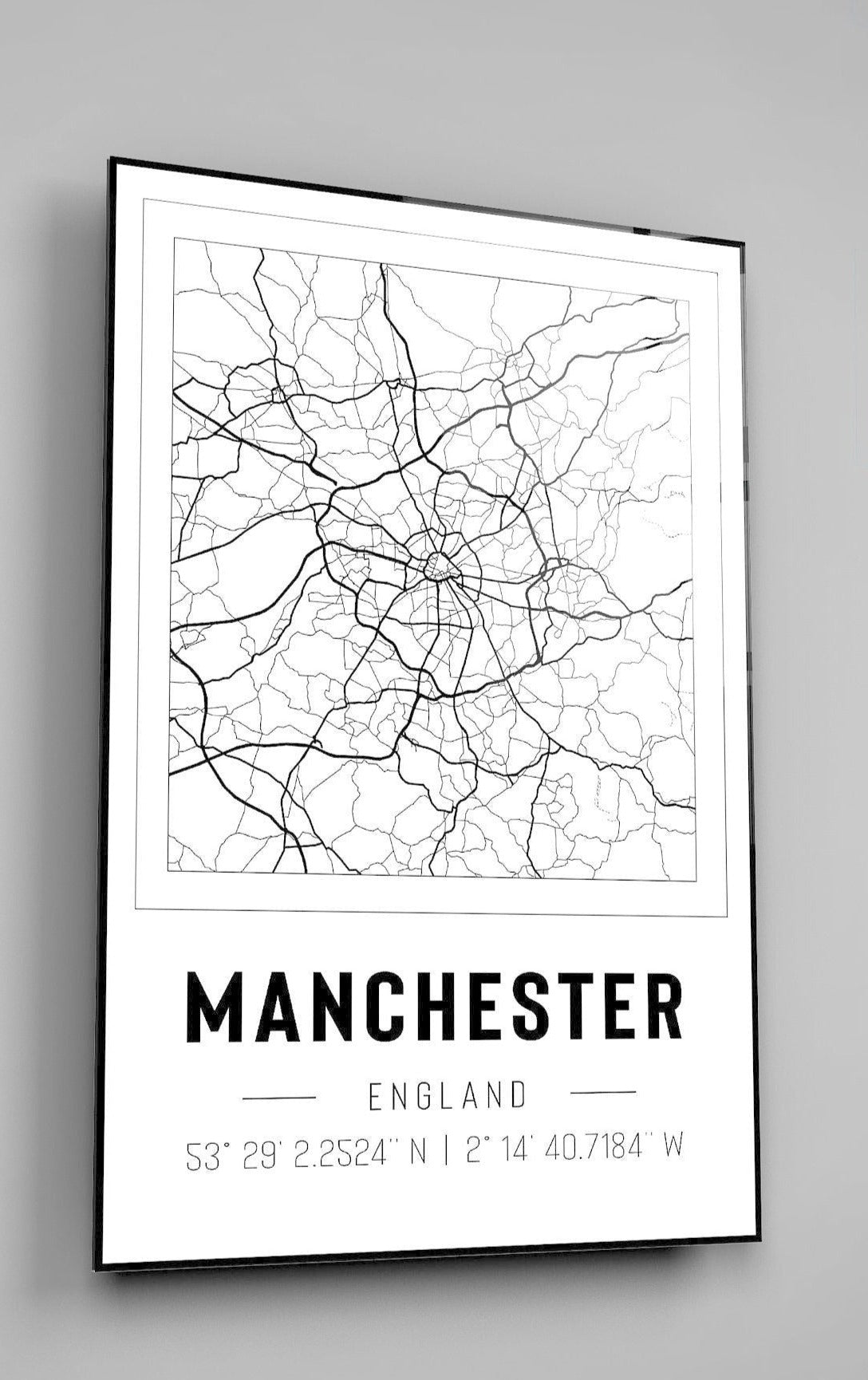 Manchester England City Map With Co Ordinates High Gloss Acrylic Glass Wall Art Ready To Hang