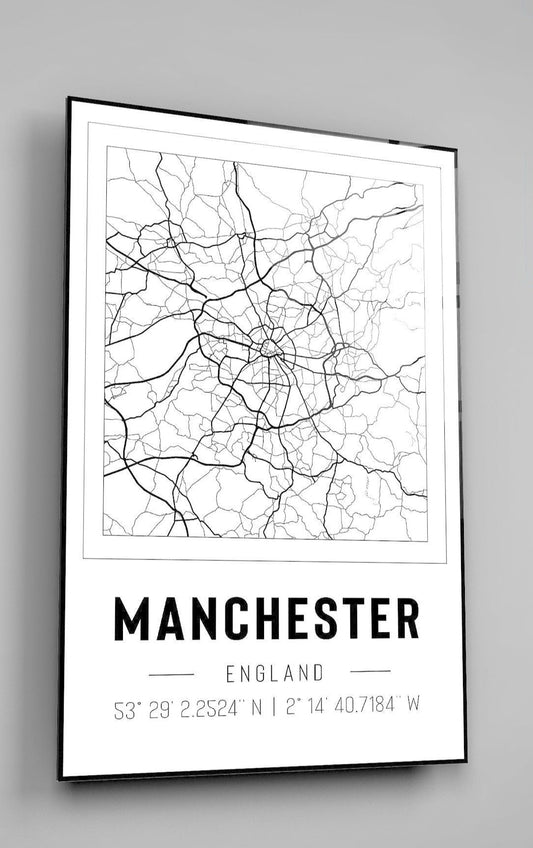 Manchester England City Map With Co Ordinates High Gloss Acrylic Glass Wall Art Ready To Hang