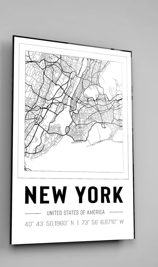 New York City USA Map With Co Ordinates High Gloss Acrylic Glass Wall Art Ready To Hang