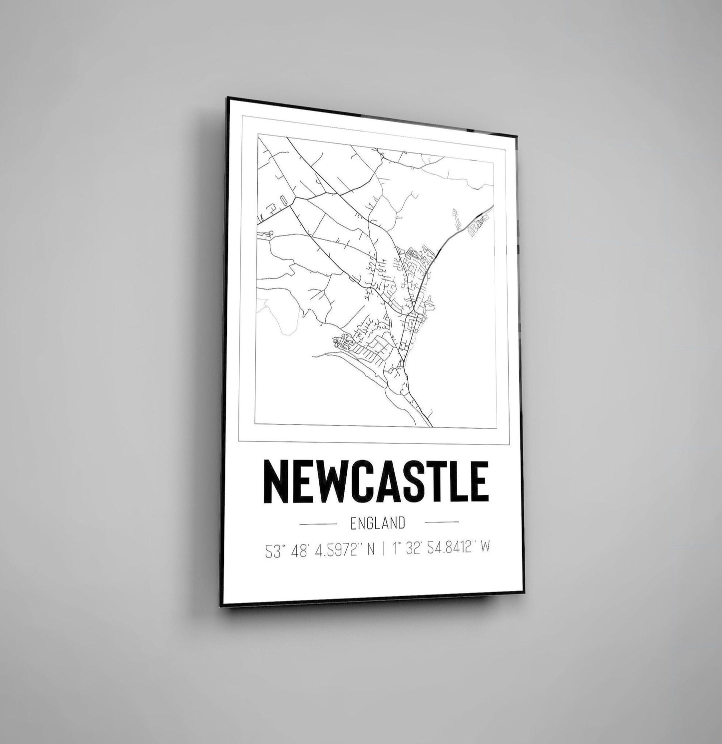 Newcastle England Map With Co Ordinates High Gloss Acrylic Glass Wall Art Ready To Hang