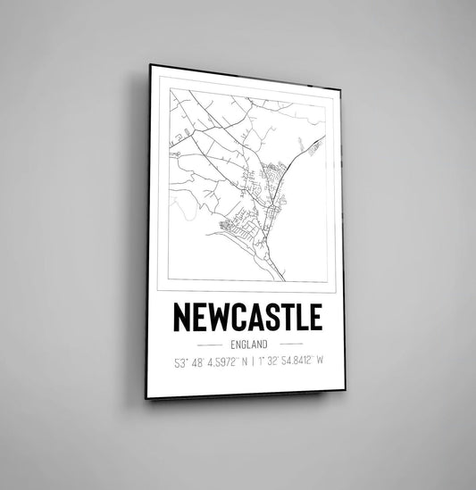 Newcastle England Map With Co Ordinates High Gloss Acrylic Glass Wall Art Ready To Hang