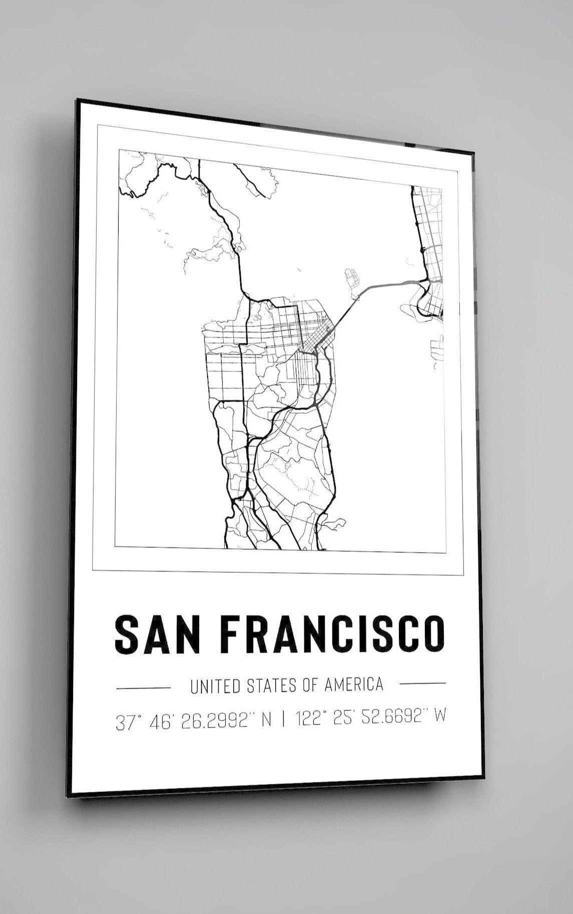 San Francisco USA City Map With Co Ordinates High Gloss Acrylic Glass Wall Art Ready To Hang