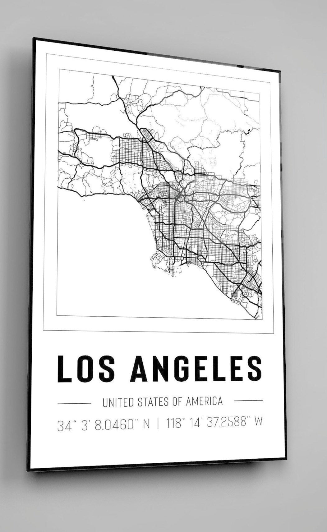 Los Angeles USA City Map With Co Ordinates High Gloss Acrylic Glass Wall Art Ready To Hang