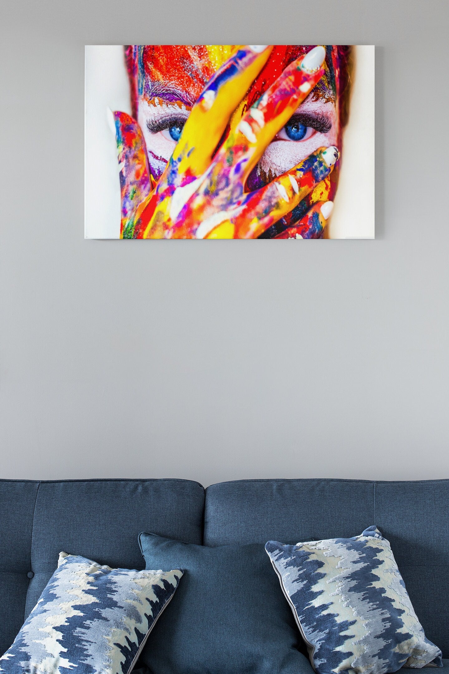 Colorful Paint, Girl, Beautiful Blue Eyes High Gloss Acrylic Glass Wall Art Ready To Hang