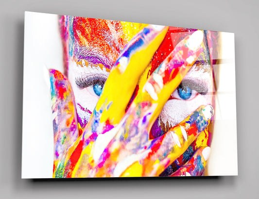 Colorful Paint, Girl, Beautiful Blue Eyes High Gloss Acrylic Glass Wall Art Ready To Hang