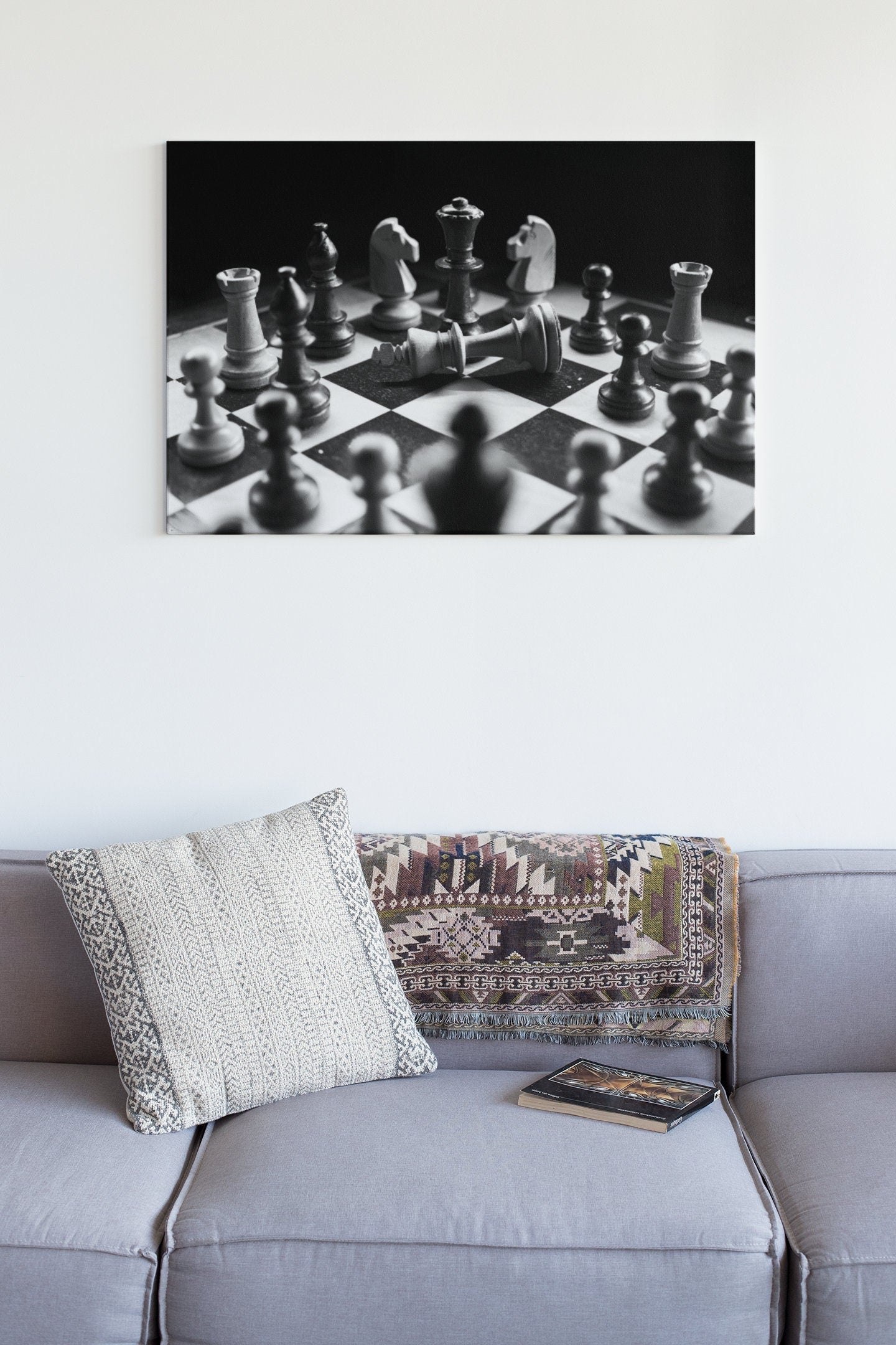 Chess Pieces On Board, Gray And Black Chess Board, Checkmate High Gloss Acrylic Glass Wall Art Ready To Hang