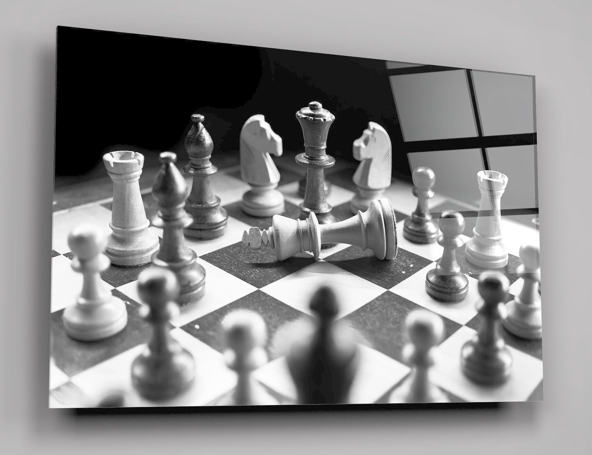 Chess Pieces On Board, Gray And Black Chess Board, Checkmate High Gloss Acrylic Glass Wall Art Ready To Hang