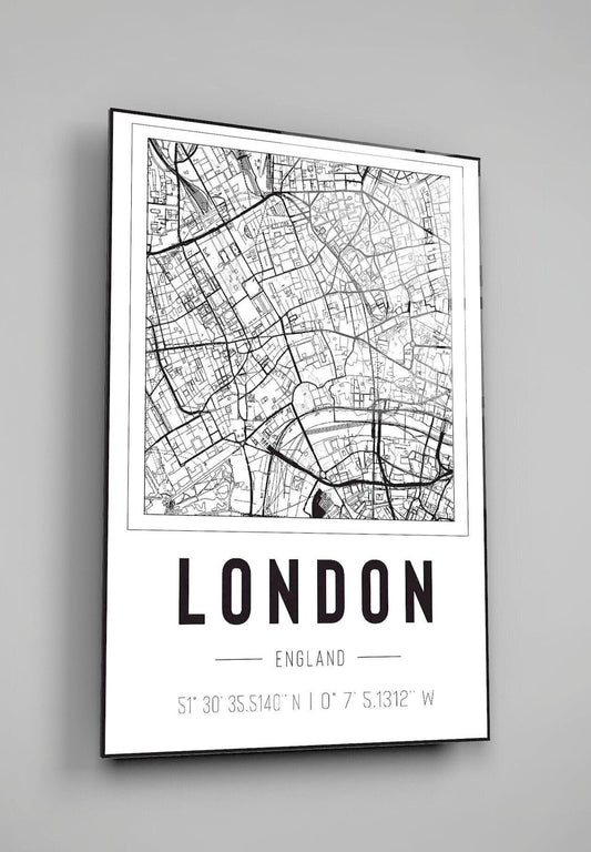 London England City Map With Co Ordinates High Gloss Acrylic Glass Wall Art Ready To Hang