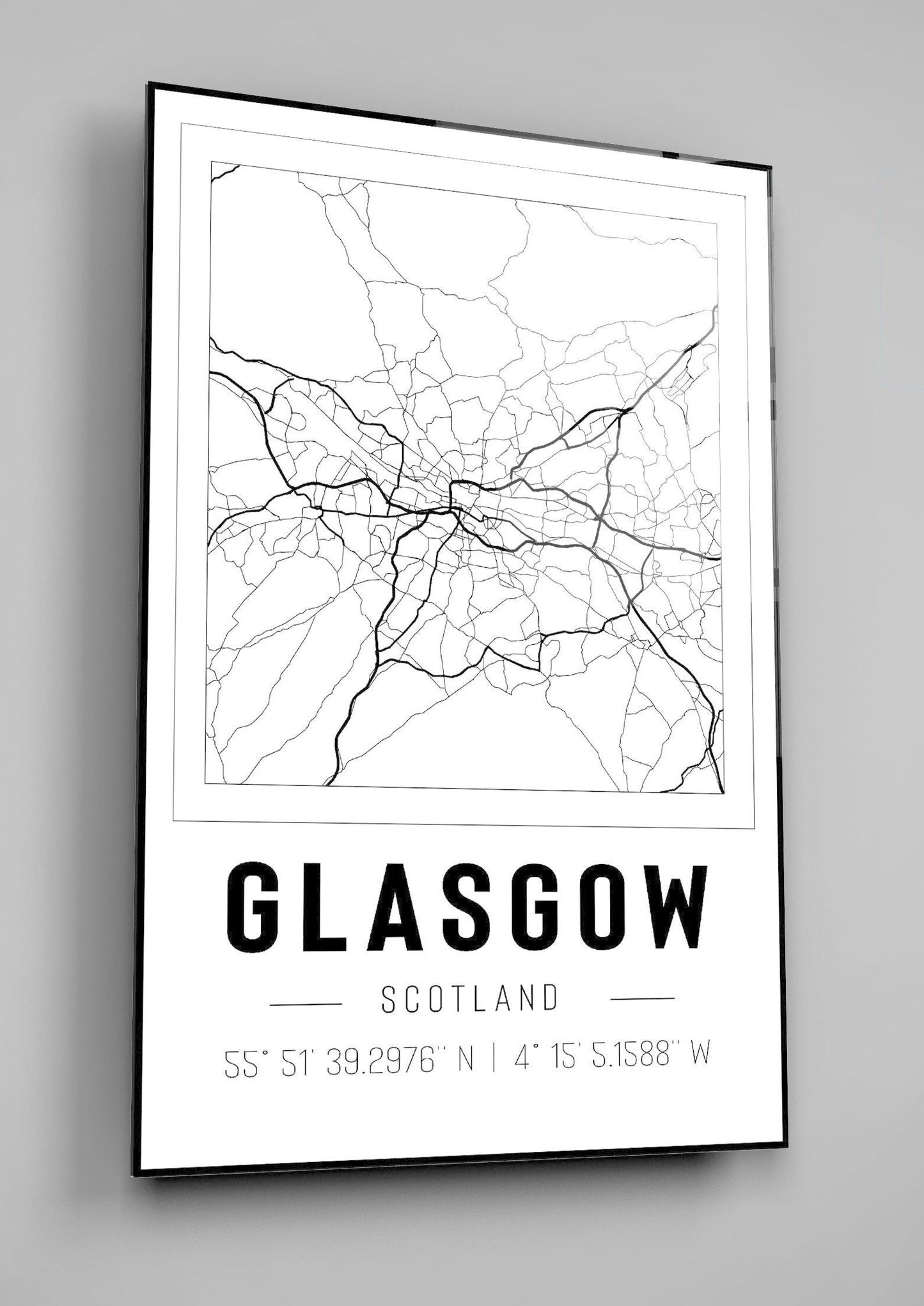 Glasgow Scotland City Map With Co Ordinates High Gloss Acrylic Glass Wall Art Ready To Hang