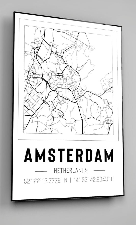 Amsterdam Netherlands City Map With Co Ordinates High Gloss Acrylic Glass Wall Art Ready To Hang