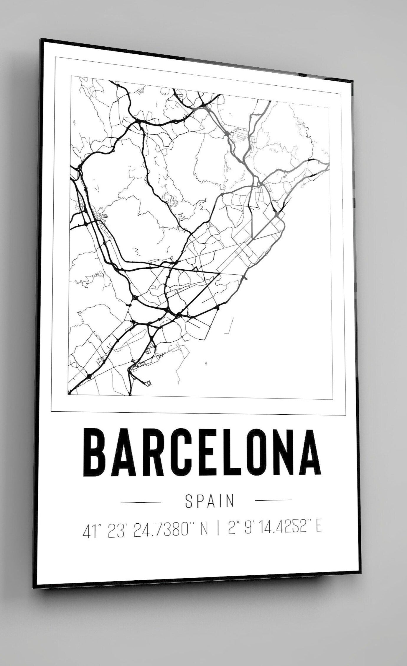 Barcelona Spain City Map With Co Ordinates High Gloss Acrylic Glass Wall Art Ready To Hang