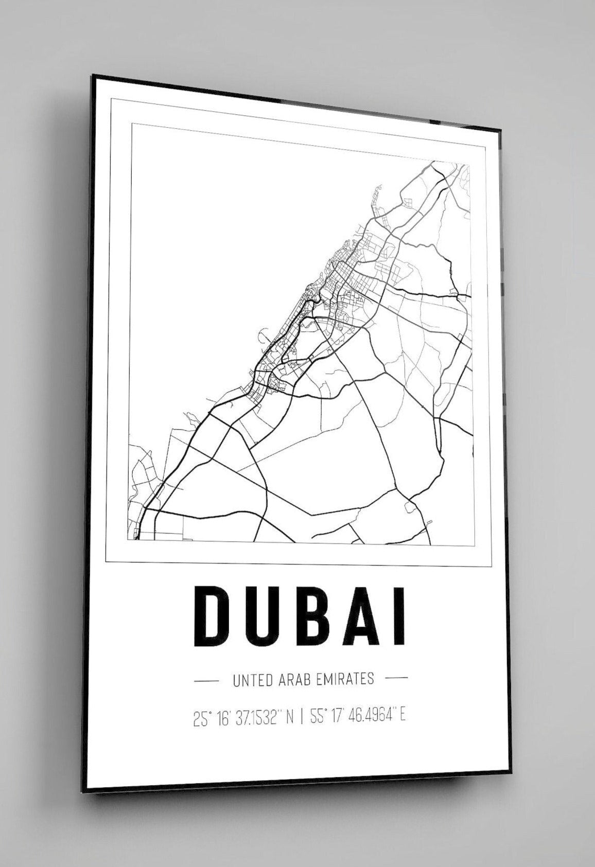 Dubai United Arab Emirates City Map With Co Ordinates High Gloss Acrylic Glass Wall Art Ready To Hang