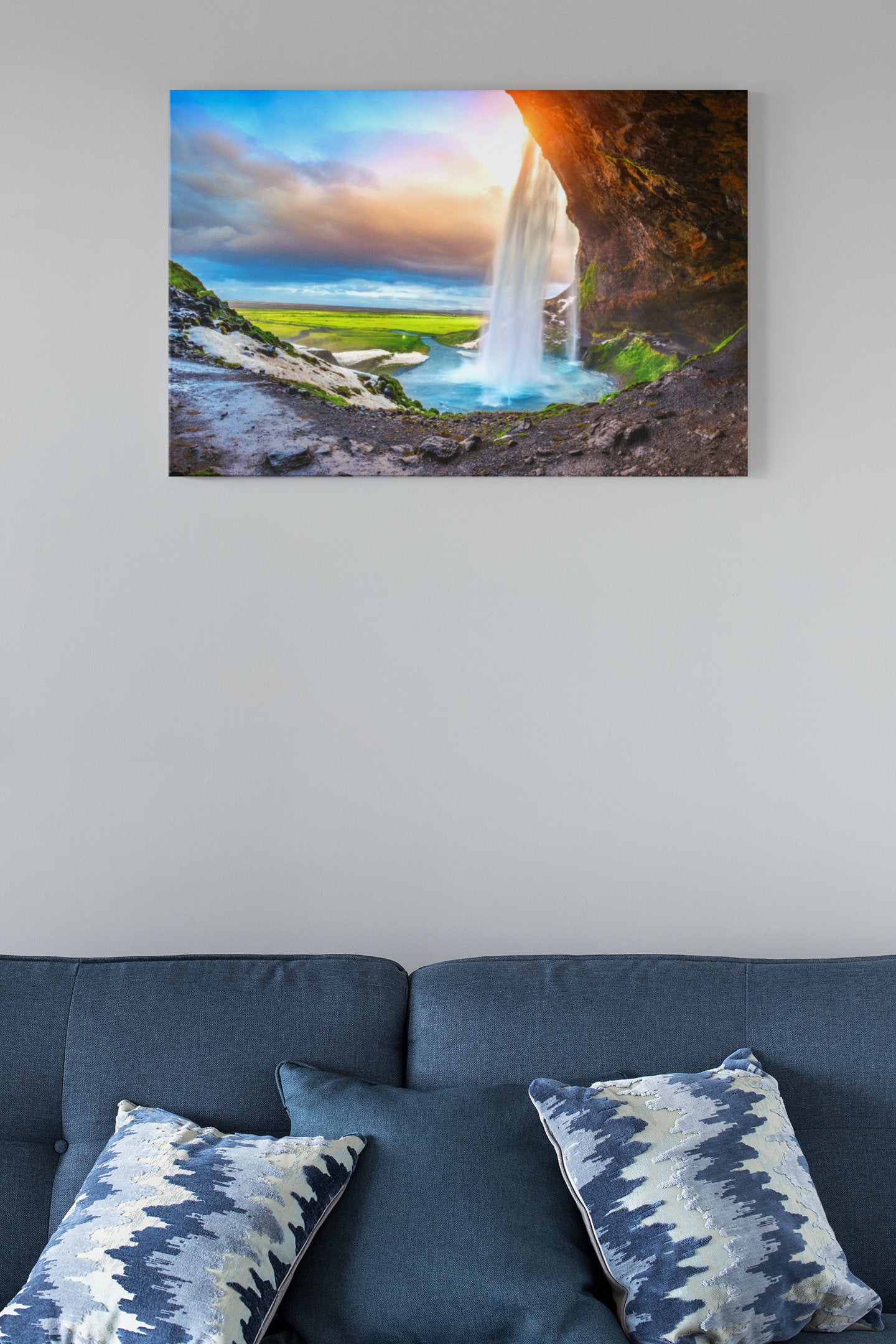 Beautiful Seljalandsfoss Waterfall In Iceland During Sunset High Gloss Acrylic Glass Wall Art Ready To Hang