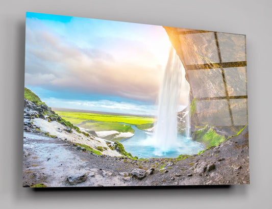 Beautiful Seljalandsfoss Waterfall In Iceland During Sunset High Gloss Acrylic Glass Wall Art Ready To Hang