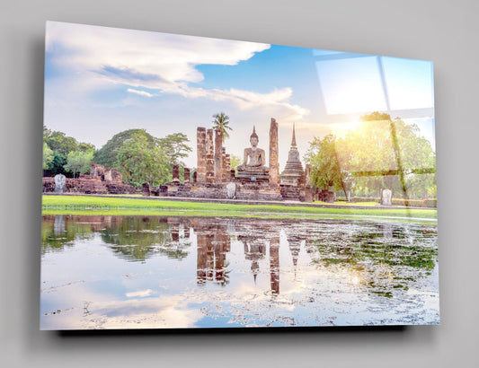 Buddha Statue And Wat Mahathat Temple in Sukhothai Historical Park Thailand High Gloss Acrylic Glass Wall Art Ready To Hang