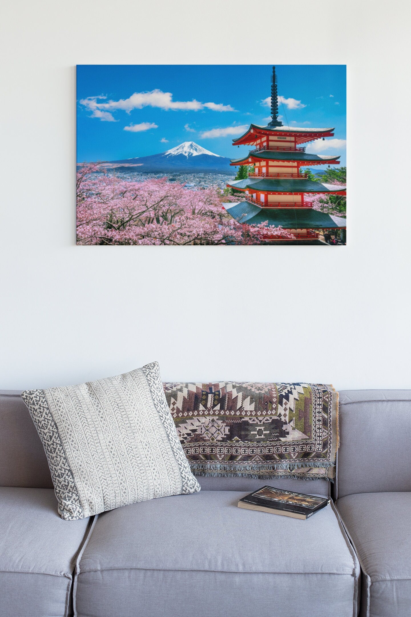 Cherry Blossoms In Spring, Chureito Pagoda And Fuji Mountain In Japan High Gloss Acrylic Glass Wall Art Ready To Hang