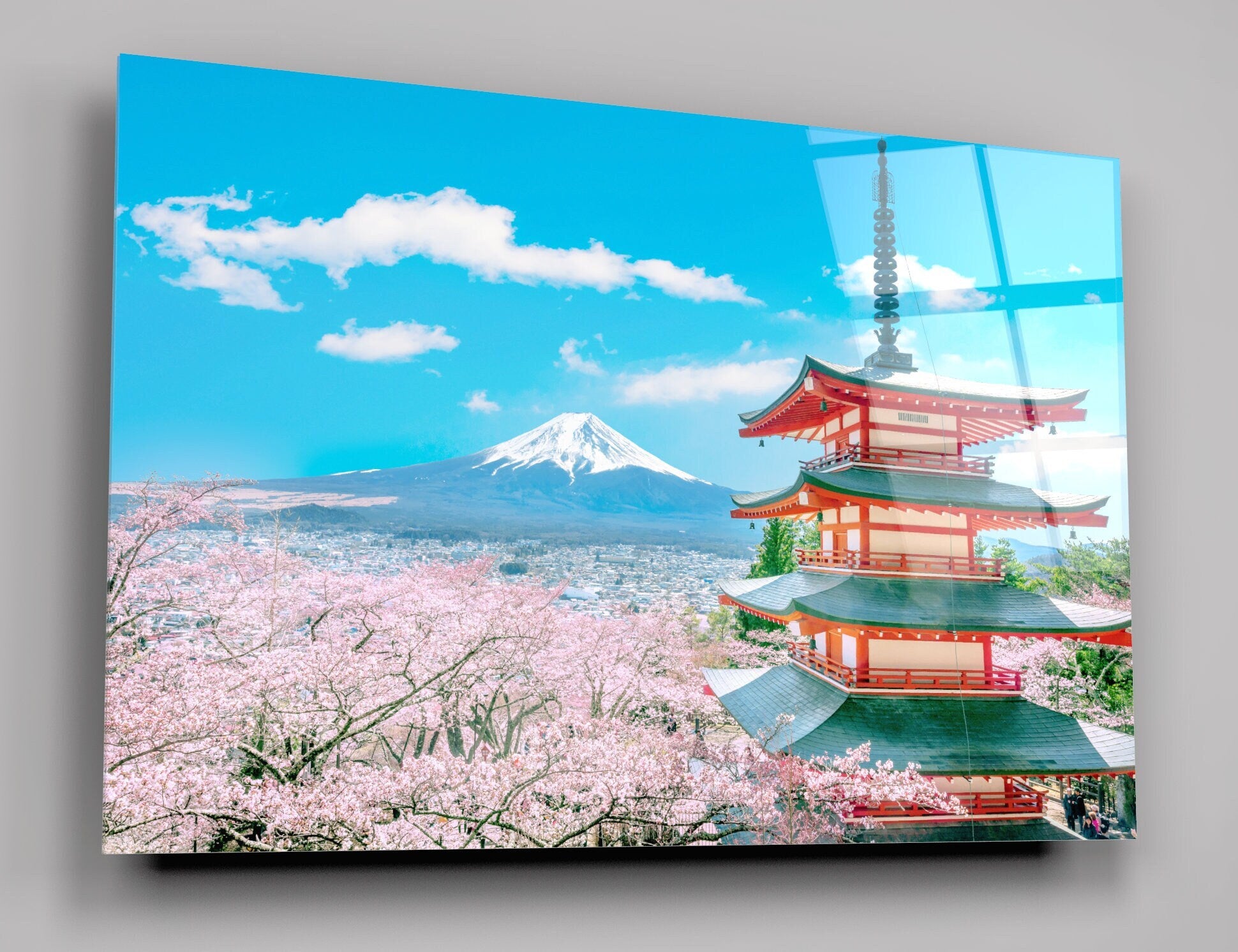 Cherry Blossoms In Spring, Chureito Pagoda And Fuji Mountain In Japan High Gloss Acrylic Glass Wall Art Ready To Hang