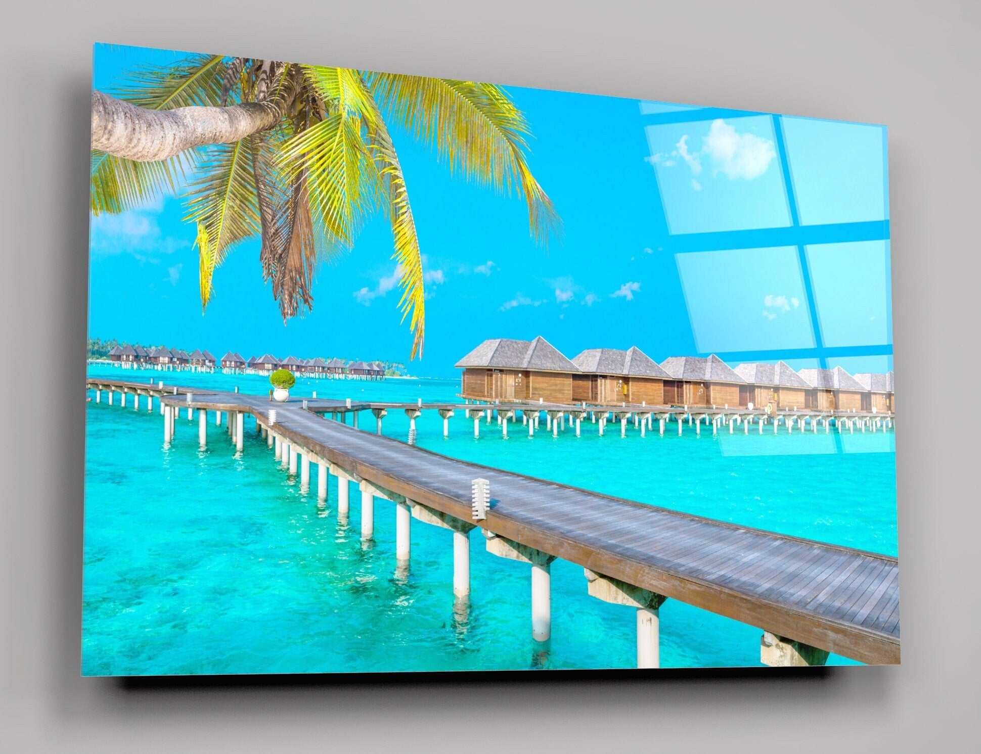 Luxury Vacation Water Bungalows In The Maldives High Gloss Acrylic Glass Wall Art Ready To Hang