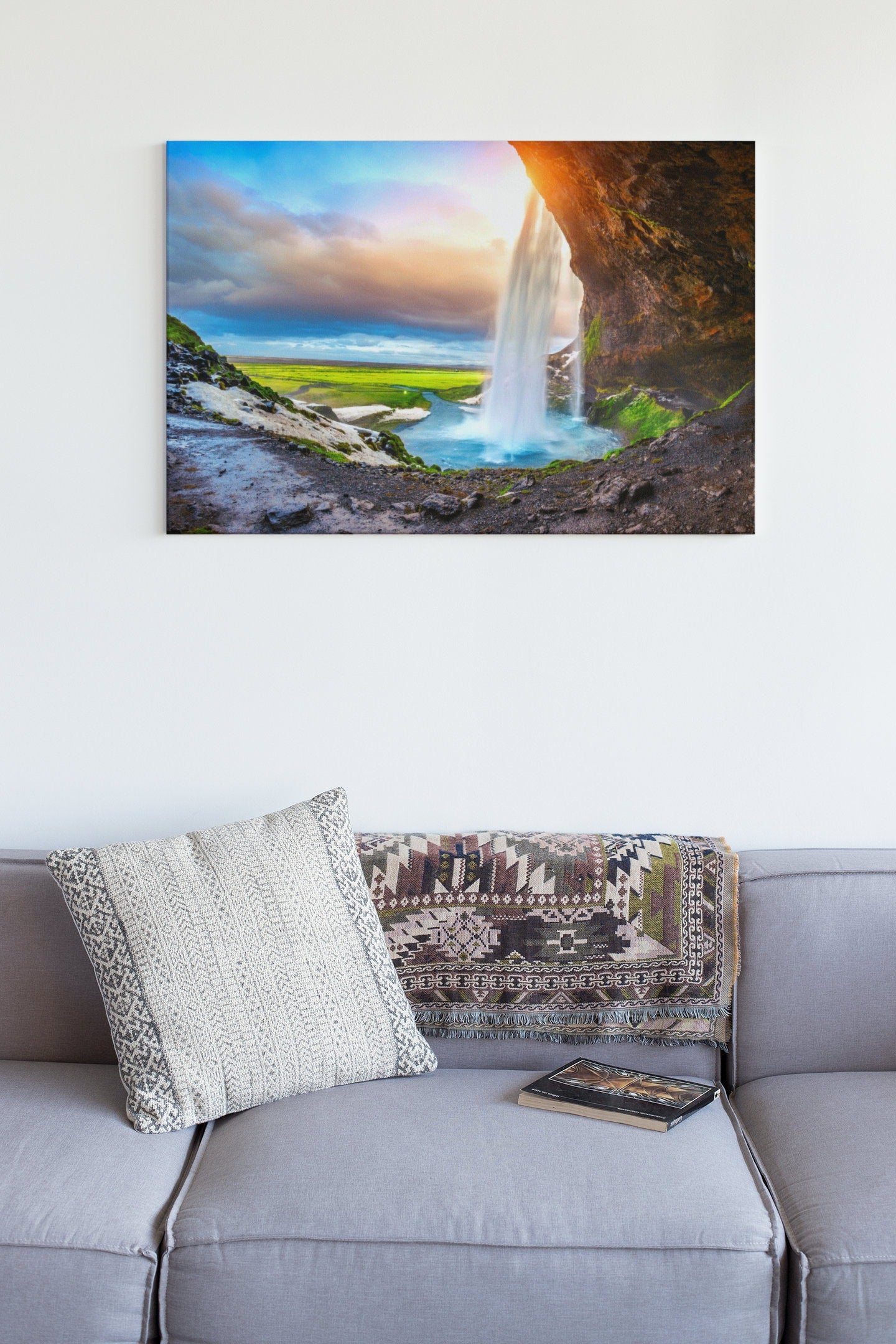 Beautiful Seljalandsfoss Waterfall In Iceland During Sunset High Gloss Acrylic Glass Wall Art Ready To Hang