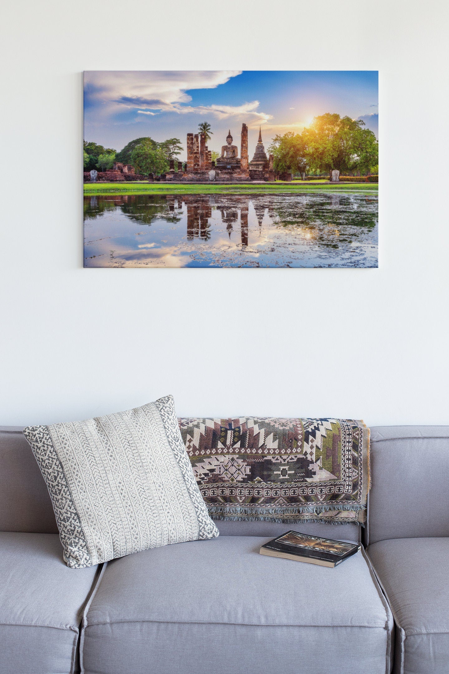 Buddha Statue And Wat Mahathat Temple in Sukhothai Historical Park Thailand High Gloss Acrylic Glass Wall Art Ready To Hang