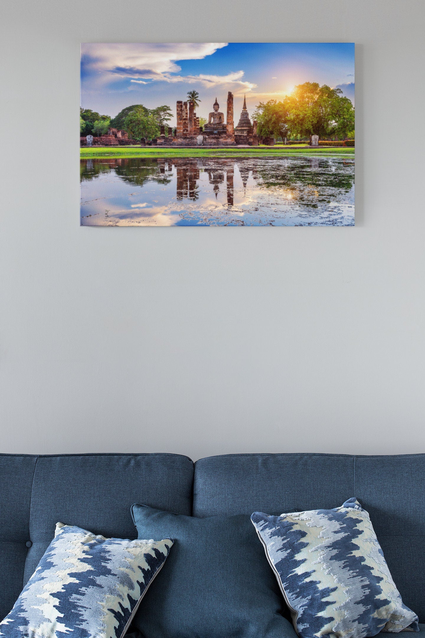 Buddha Statue And Wat Mahathat Temple in Sukhothai Historical Park Thailand High Gloss Acrylic Glass Wall Art Ready To Hang