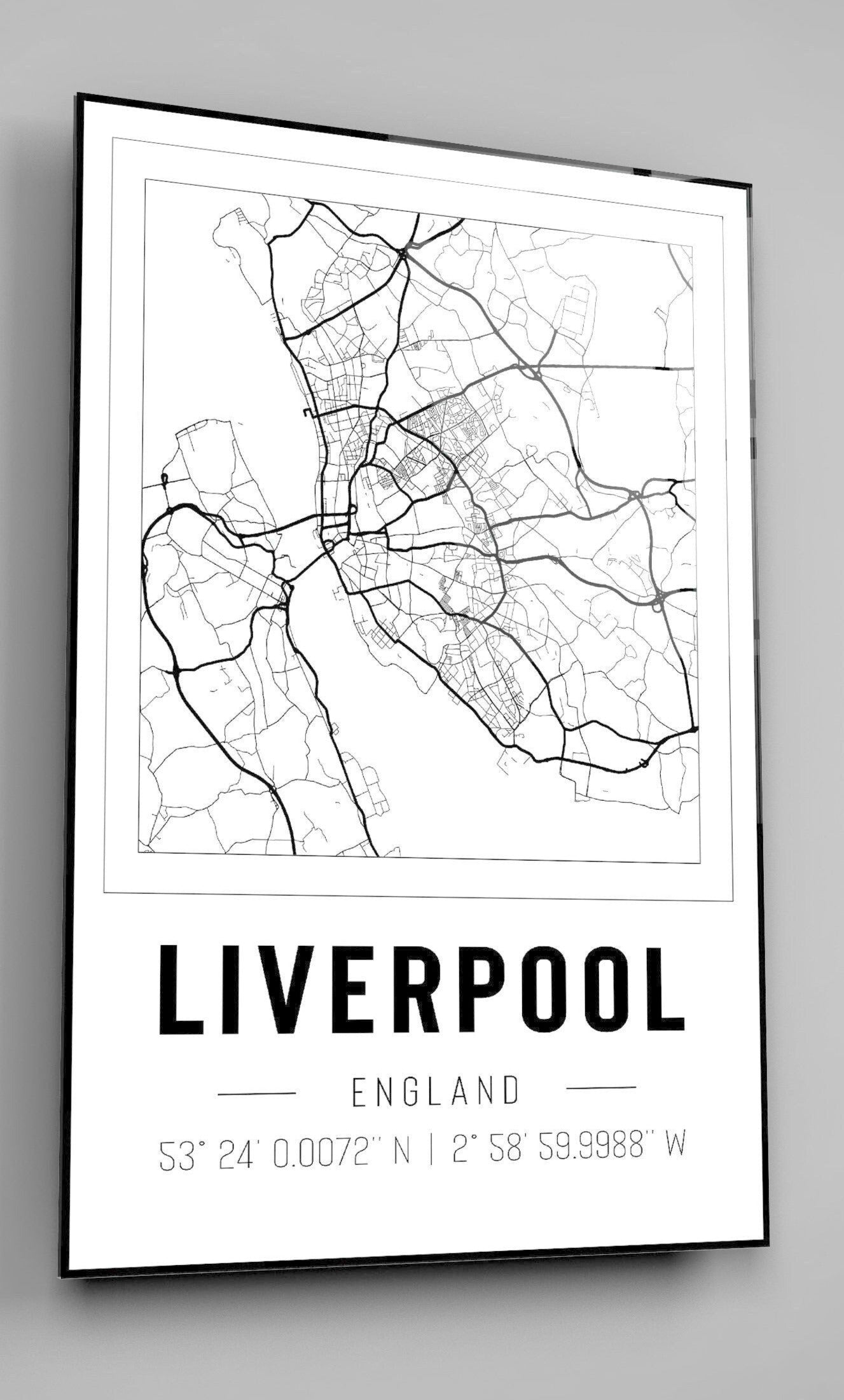 Liverpool England City Map With Co Ordinates High Gloss Acrylic Glass Wall Art Ready To Hang