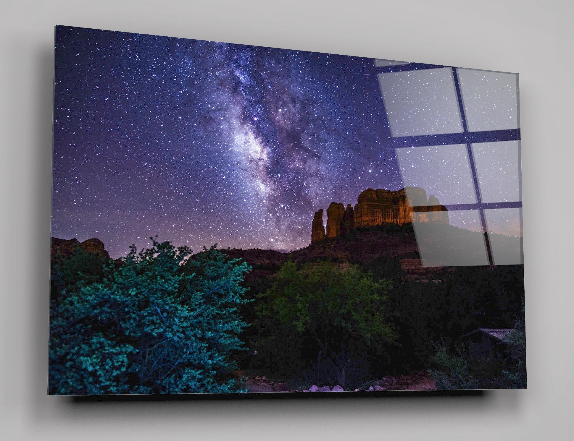 Milky Way View Over Cathedral Rock, O' Beyond Road, Coconino National Park, Sedona, Arizona, High Gloss Acrylic Glass Wall Art Ready To Hang