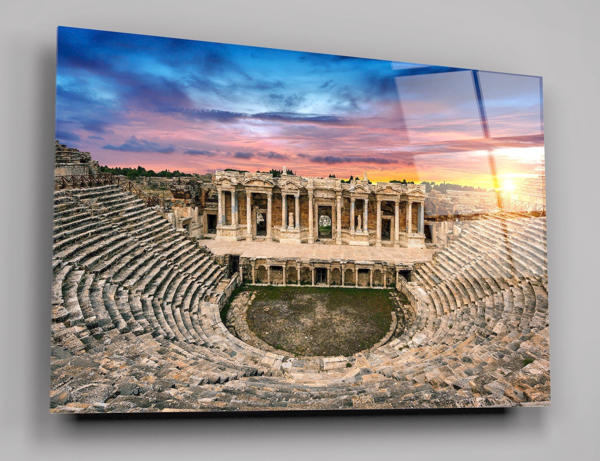 Amphitheater In Ancient City Of Hierapolis At Sunset, Pamukkale In Turkey High Gloss Acrylic Glass Wall Art Ready To Hang