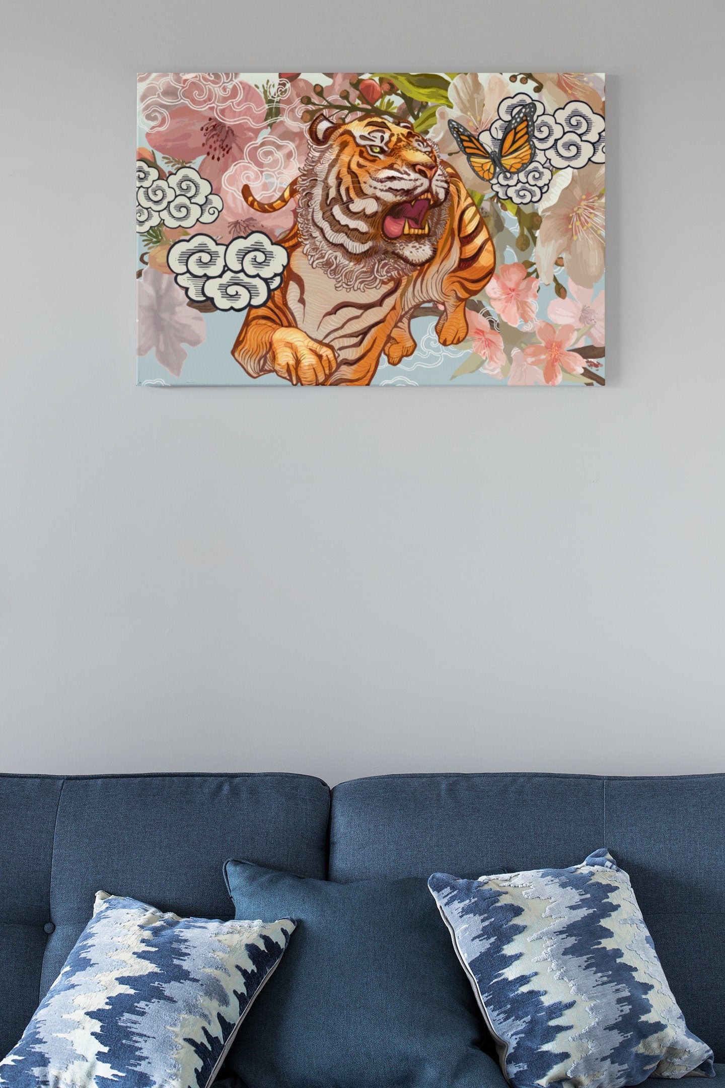 Tiger And Butterfly Amid Cherry Blossom High Gloss Acrylic Glass Wall Art Ready To Hang