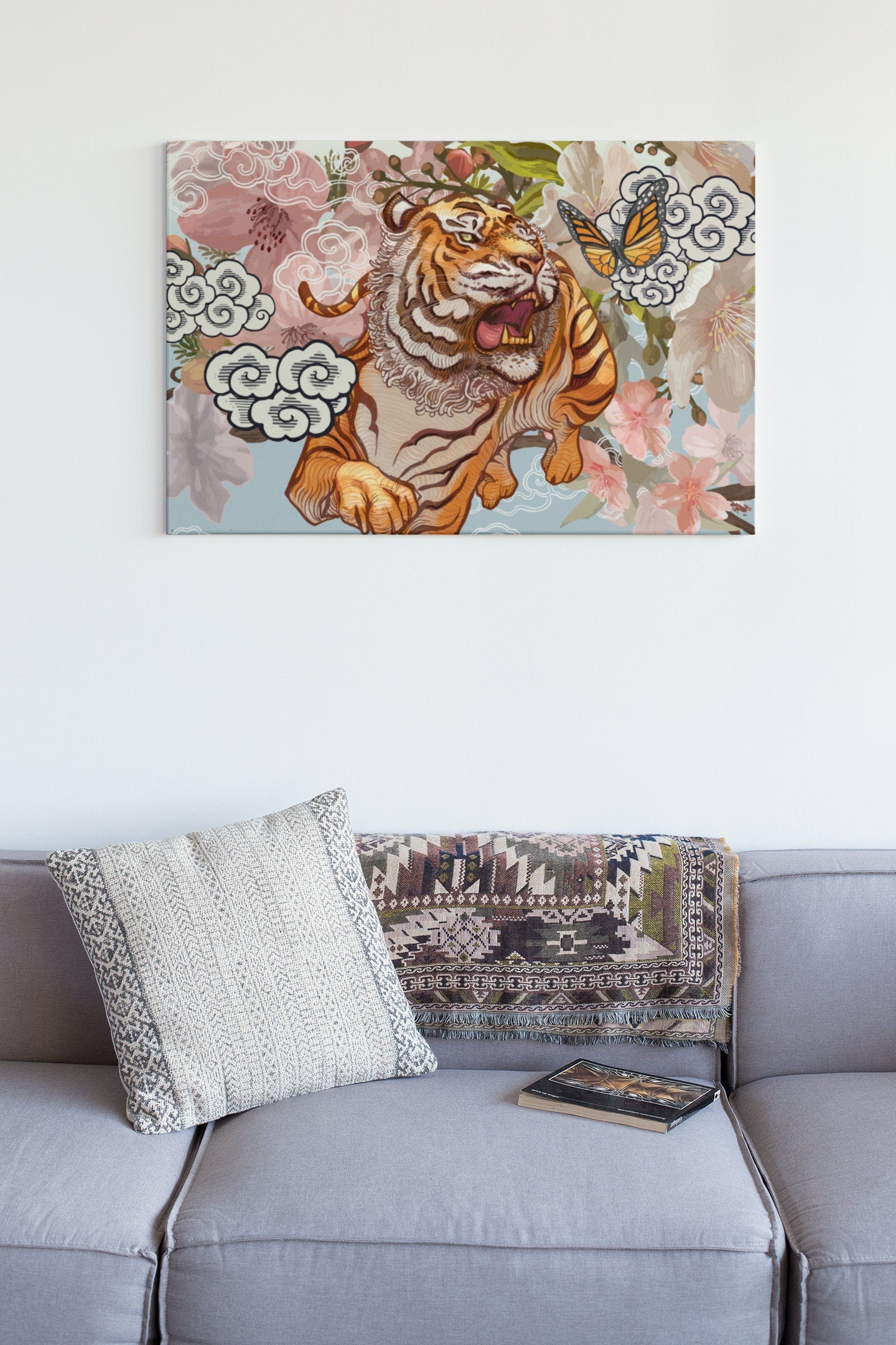 Tiger And Butterfly Amid Cherry Blossom High Gloss Acrylic Glass Wall Art Ready To Hang