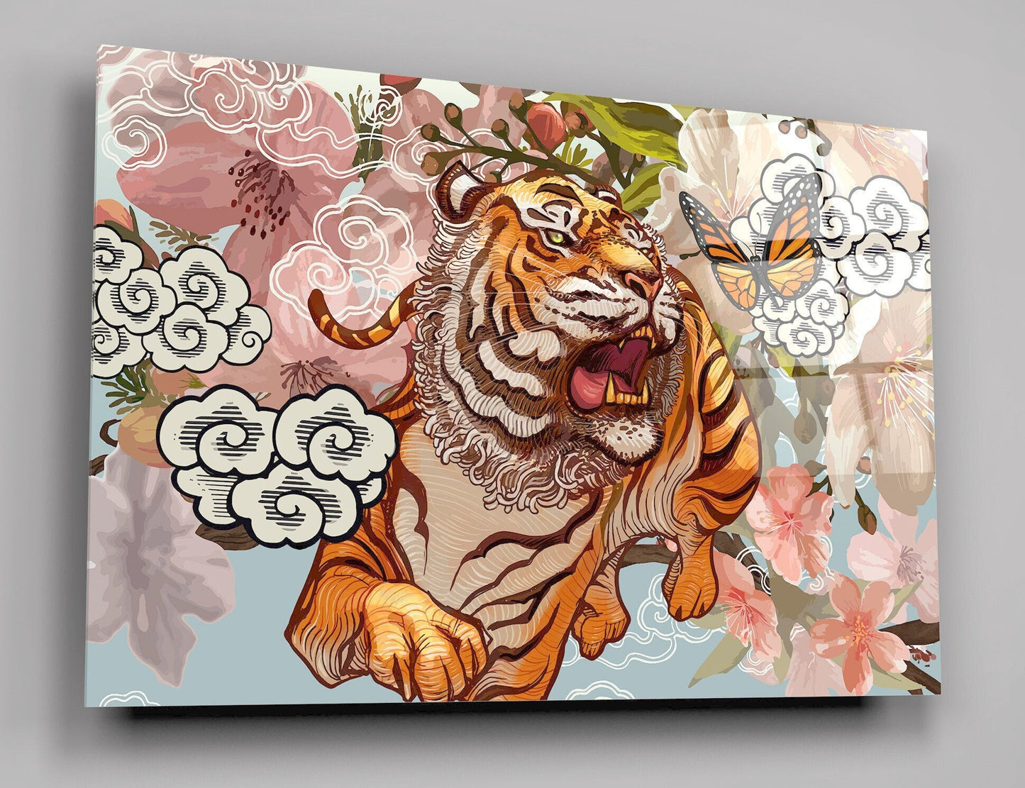 Tiger And Butterfly Amid Cherry Blossom High Gloss Acrylic Glass Wall Art Ready To Hang