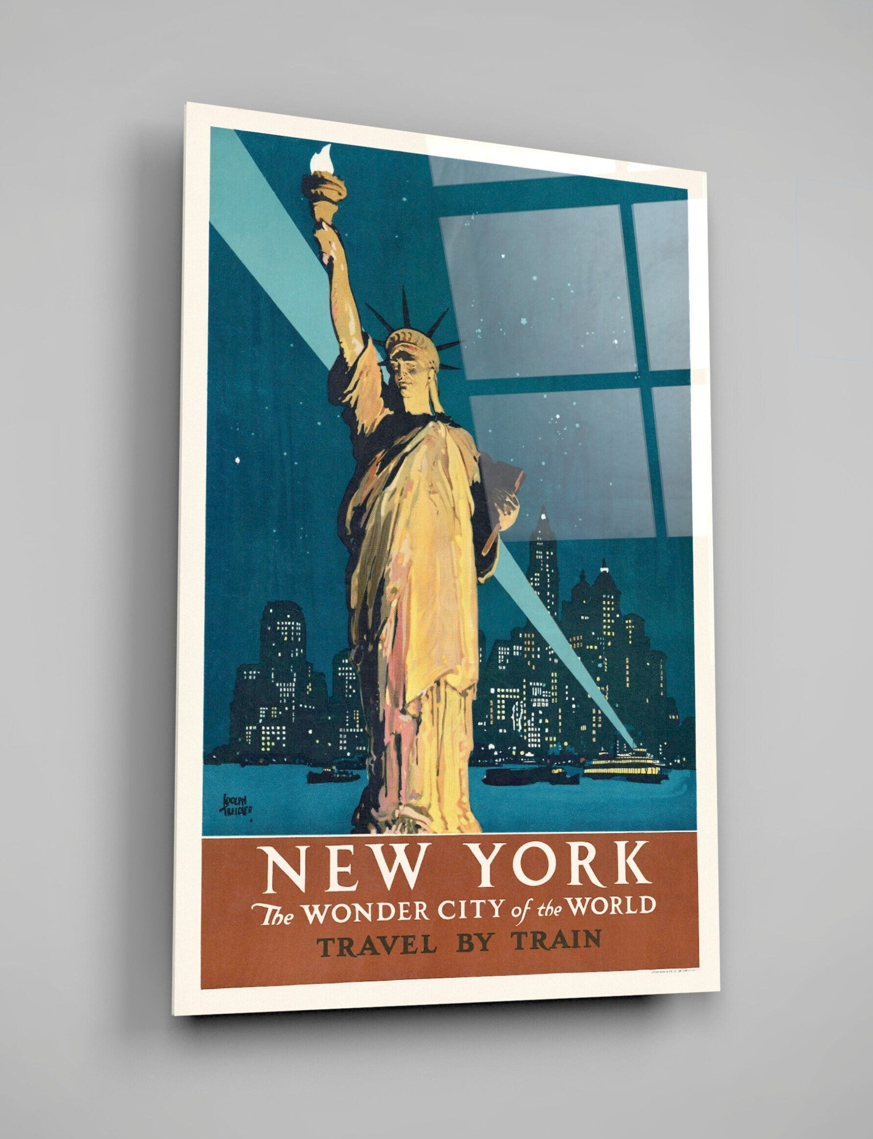 New York The Wonder City Of The World Travel By Train (1927) Travel Print By Adolph Treidler High Gloss Acrylic Glass Wall Art Ready To Hang